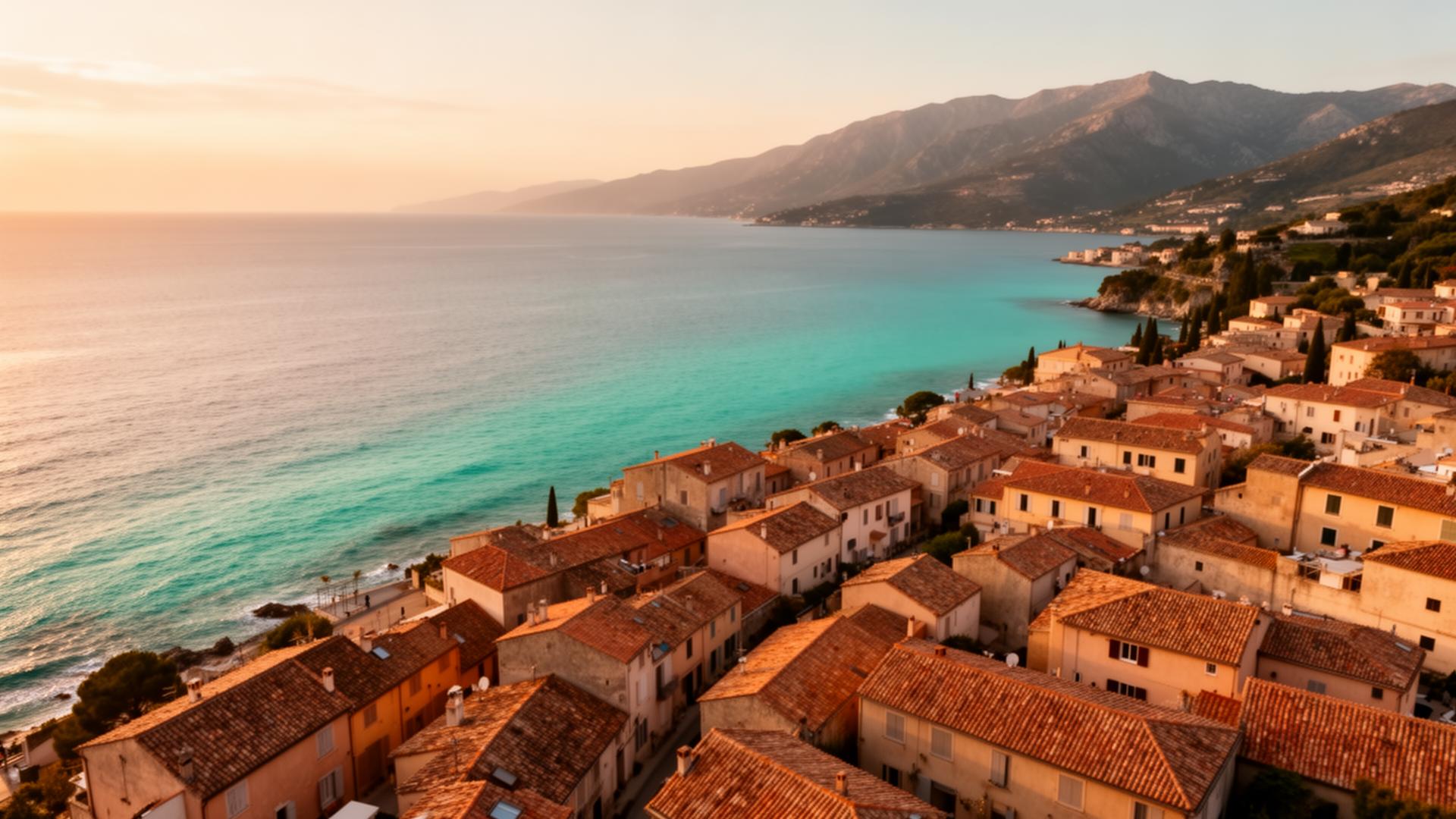 Aerial view of a Mediterranean coastline at golden hour